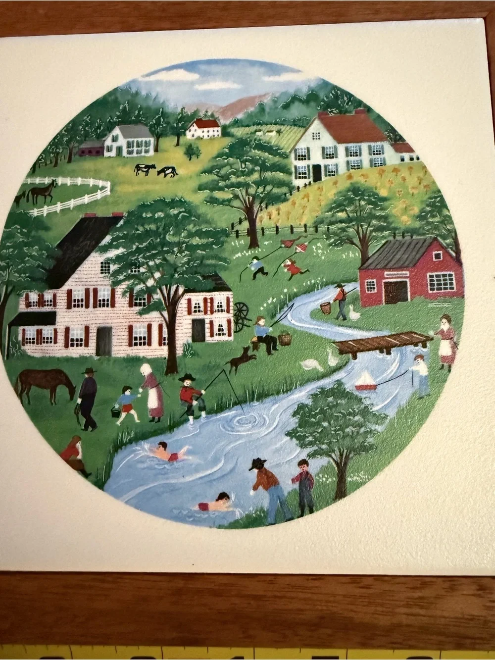 Framed Folk Art Country Scene trivet/wall artin Wood Frame - Multicolori